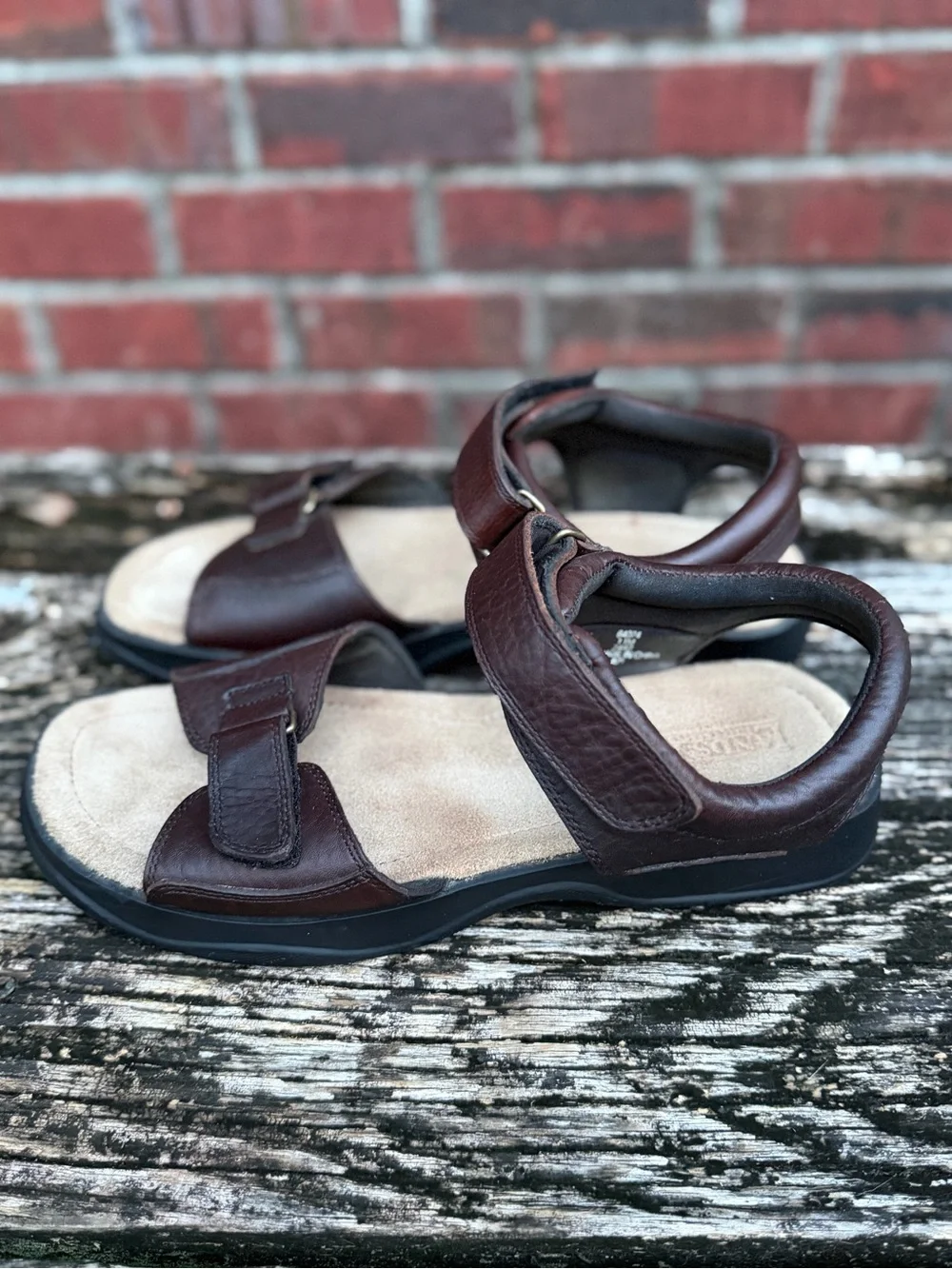 Lands' End Men's Sz 11 Comfort Adjustable Brown Leather Hook-&-Loop Sandals P2